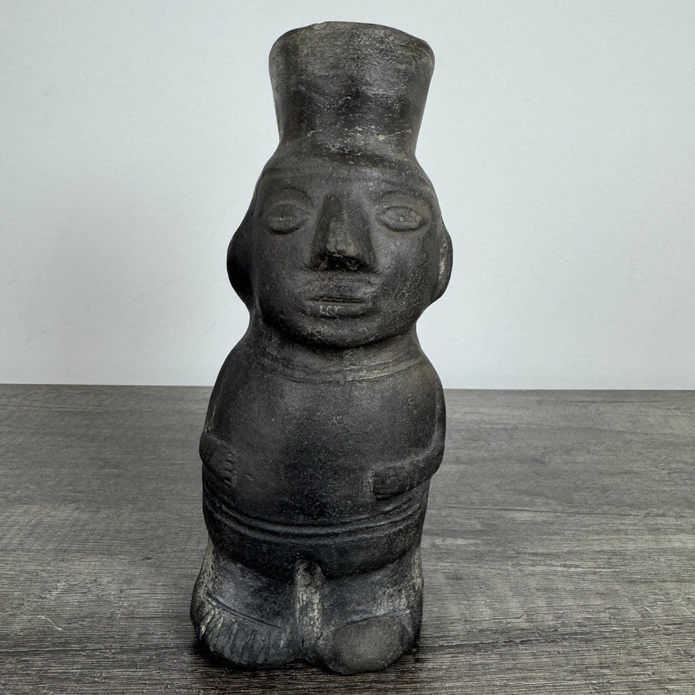 Antique Black Pottery Chimu Vessel Handcrafted Pre-Columbian Style Human Figure